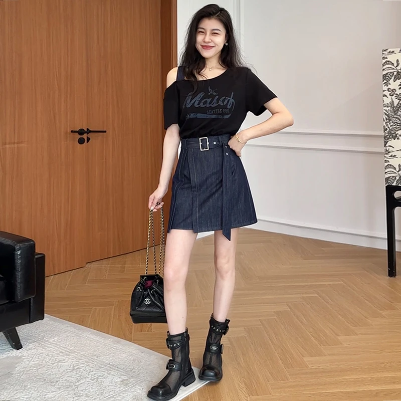 2025夏时尚韩系假两件露肩印花拼接收腰连衣裙气质设计短裙