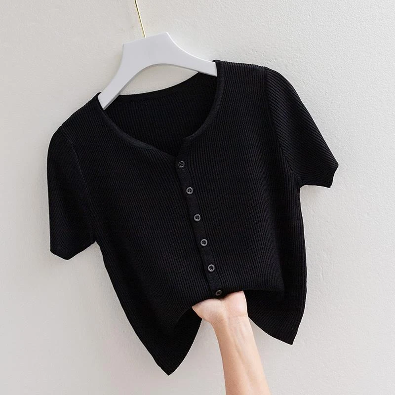 清仓捡漏~专柜撤回外贸冰丝针织衫短袖恤女薄夏开衫领上衣