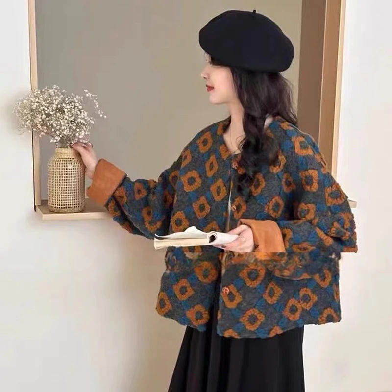 韩系东大门新款韩系橘色立体花朵设计圆领保暖气质短外套ins 4551