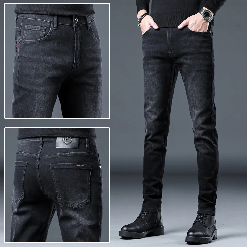 Leekody香港秋冬款黑色牛仔裤男修身小脚裤韩版潮流弹力休闲长裤