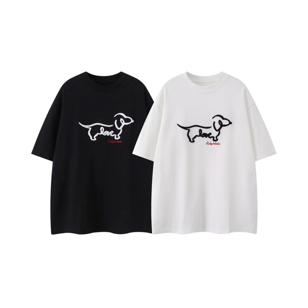 2025新款夏季可爱腊肠狗刺绣t恤情侣上衣宽松纯棉短袖