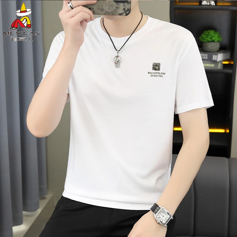 稻草人夏季丝光棉短袖t恤男士时尚休闲圆领半袖上衣服潮流打底衫