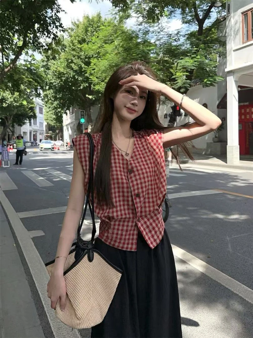 （6-8运贴）复古设计感格子坎肩小衫夏季韩系掐腰显瘦V领无袖上衣