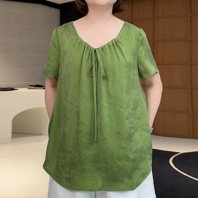 法式小清新系带圆领衬衫女夏季新款轻薄凉感显瘦遮肉撞色百搭上衣
