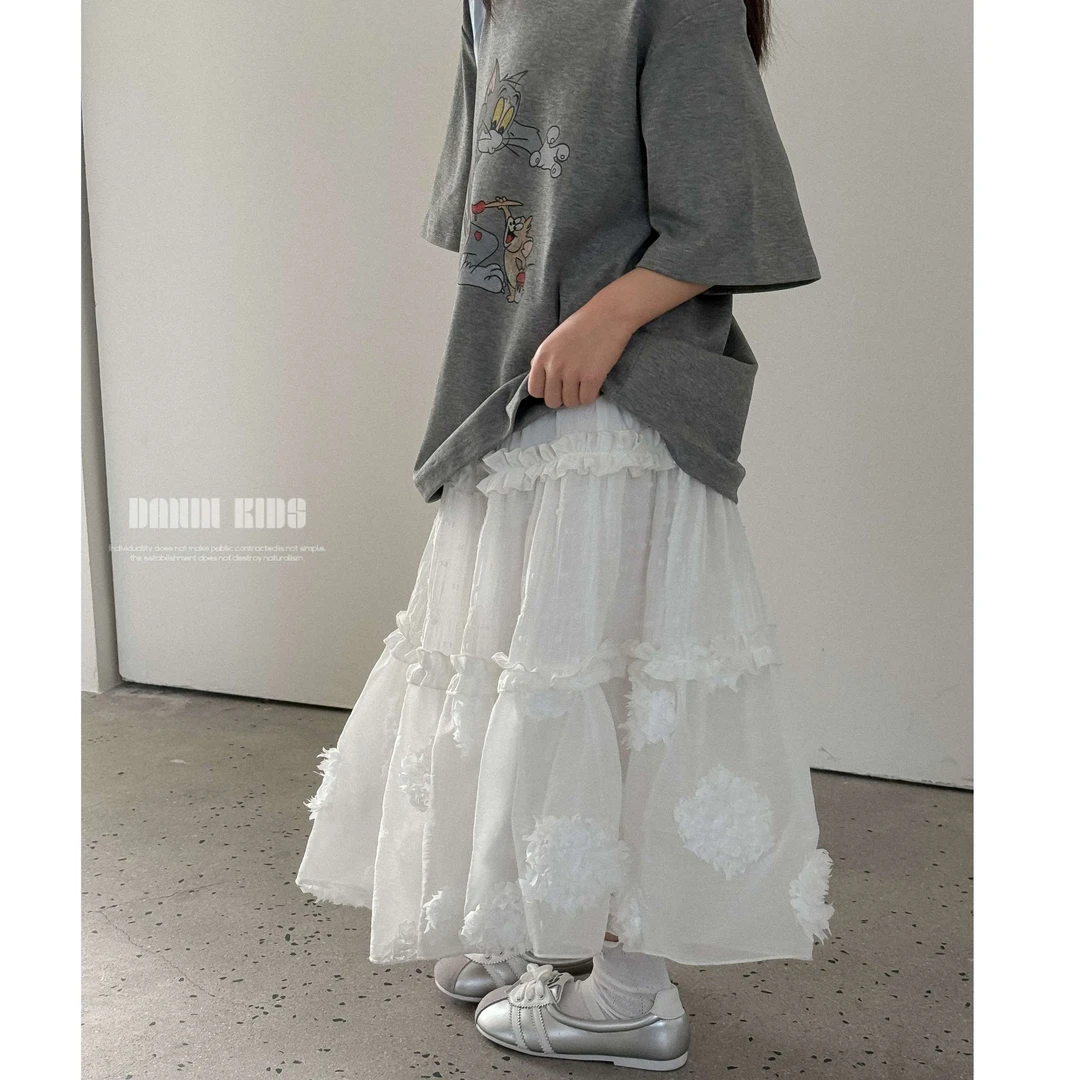 【嗒囜】轻盈飘逸立体盘花锦纶~女童裙子夏季白色蛋糕小女孩半身