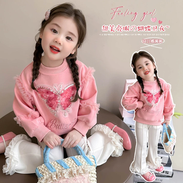 女童新款薄款套韩版蝴蝶卡通动漫春秋卫衣秋装女童设计感甜美