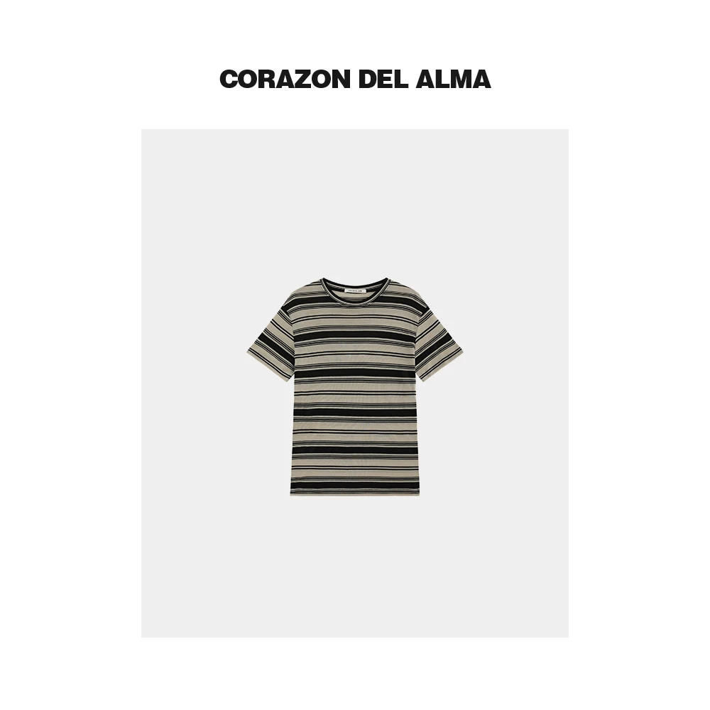 【洛意】高密裸肤感干爽100莱赛尔垂柔显瘦纸片人条纹短袖T恤-7067