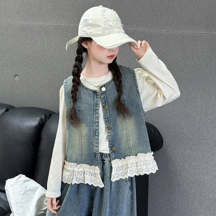 女大童春装牛仔套装2025新款韩版洋气休闲女孩春秋阔腿裤三件套潮