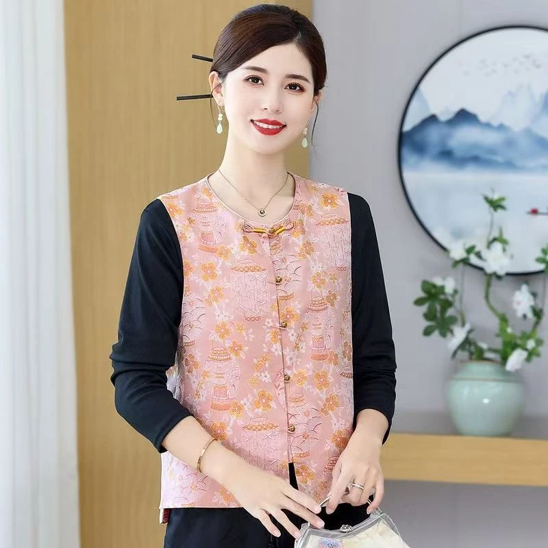 复古提花圆领开衫宽松型秋季马夹中国风马甲上衣背心