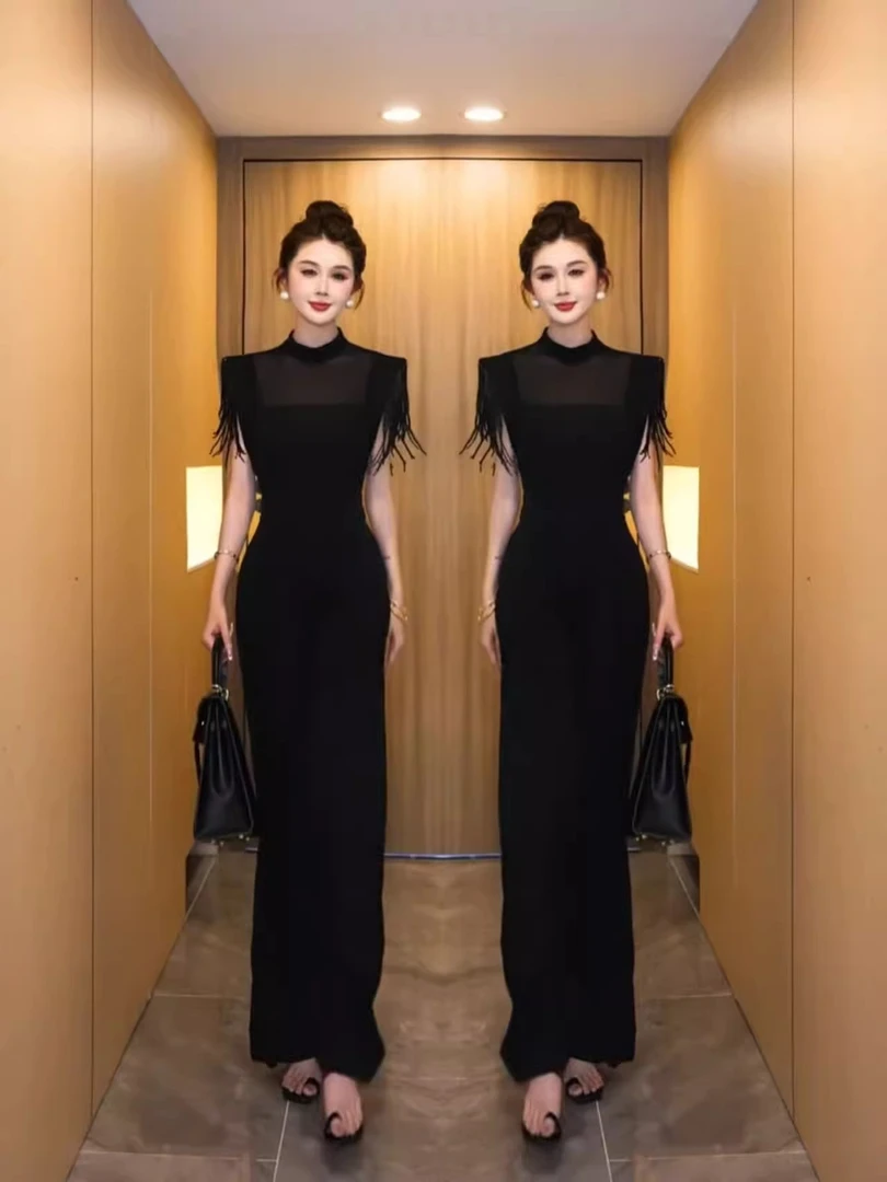 百搭高腰直筒裤流苏拼接连体裤时尚黑色镂空蕾丝气质