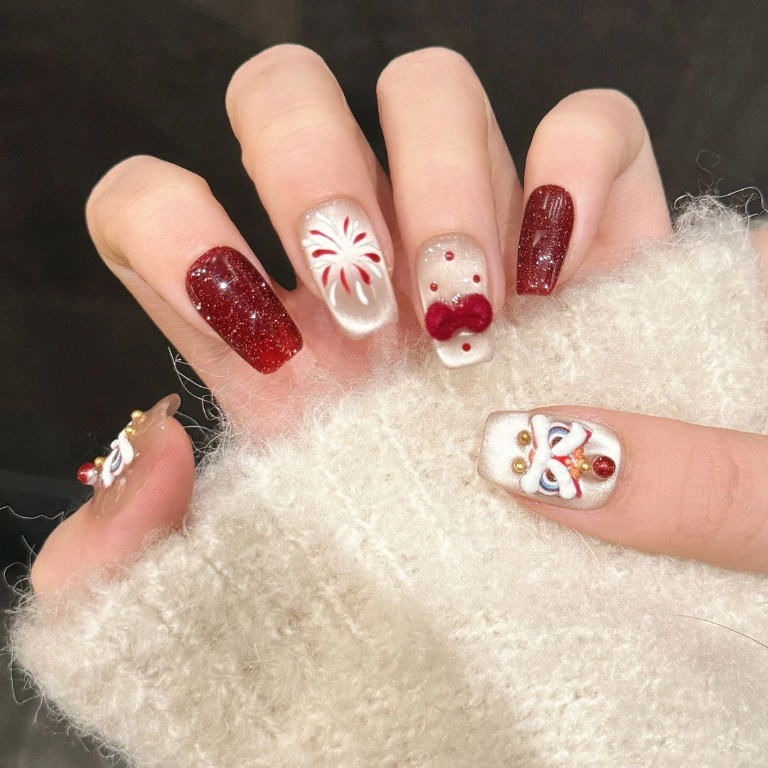 【短款醒狮】中式气质喜庆红色烟花猫眼丝绒蝴蝶纯手工穿戴甲高级感