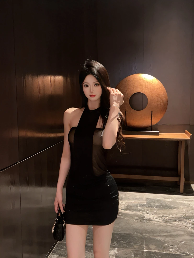 【CUTE专属】纯欲性感网纱烫钻挂脖露背收腰显瘦带胸垫包臀连衣裙