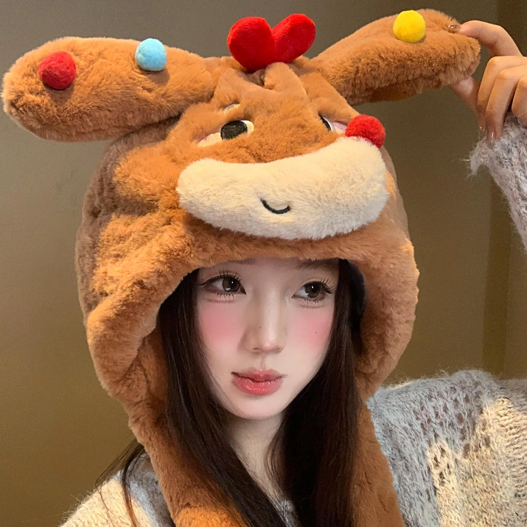 耳朵会动可爱彩色腊肠狗毛绒帽子女冬加绒加厚保暖防寒护耳雷锋帽