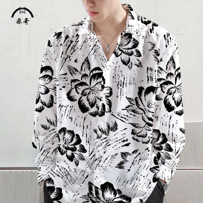 设计感小众花卉印花长袖衬衫男秋季新款翻领衬衣外套大码加肥开衫