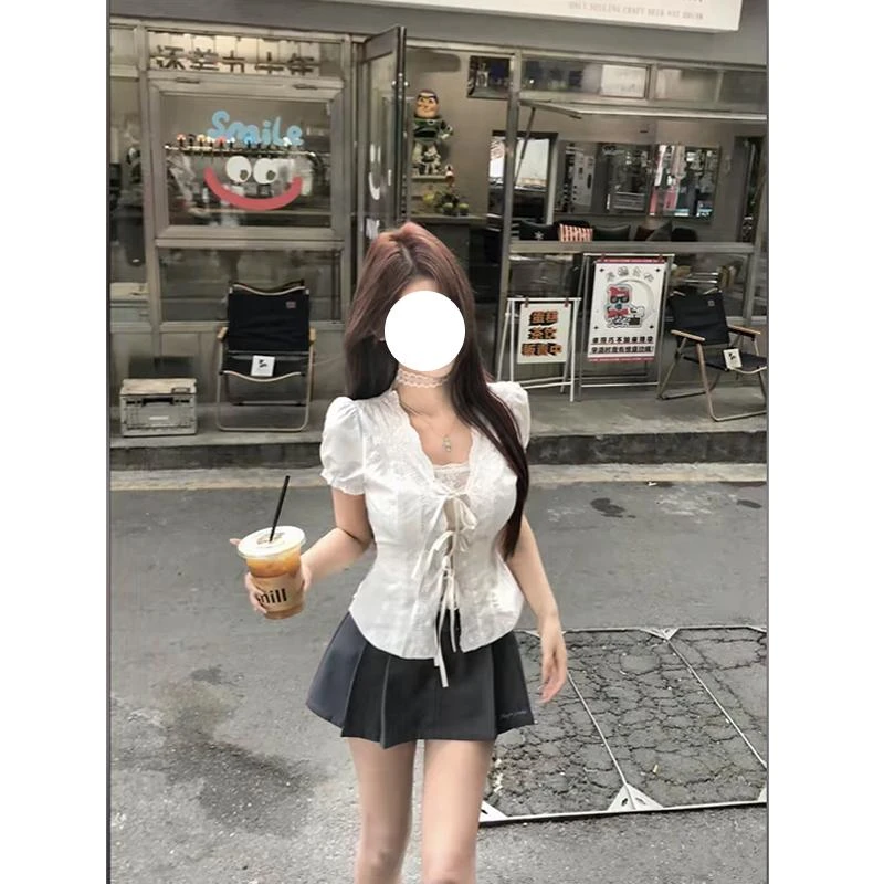 小香风欧货高级感V领系带短袖衬衫女装夏季薄款独特绝美修身上衣