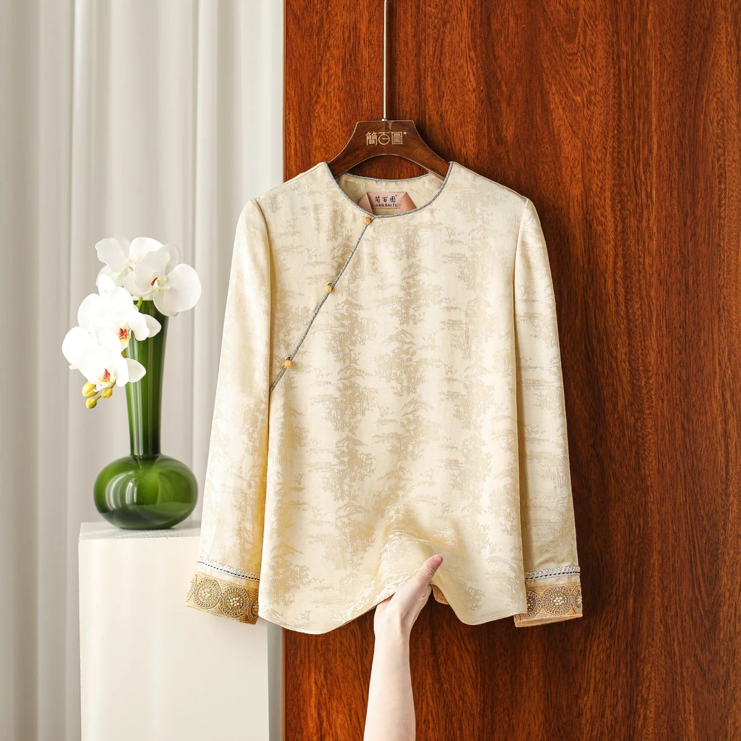 2025香槟杏色圆领重工气质拼接重工手工刺绣百搭提花缎面衬衫