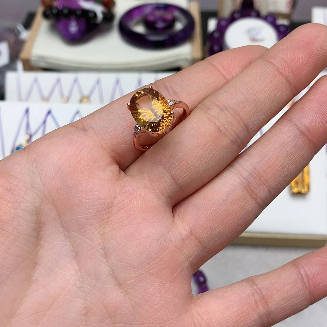 黄晶暴力黄戒指银S925镶嵌