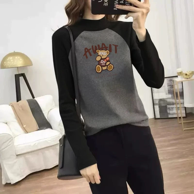 2025春秋冬装新款磨毛长袖t恤女洋气打底小衫大码胖m宽松上衣内搭