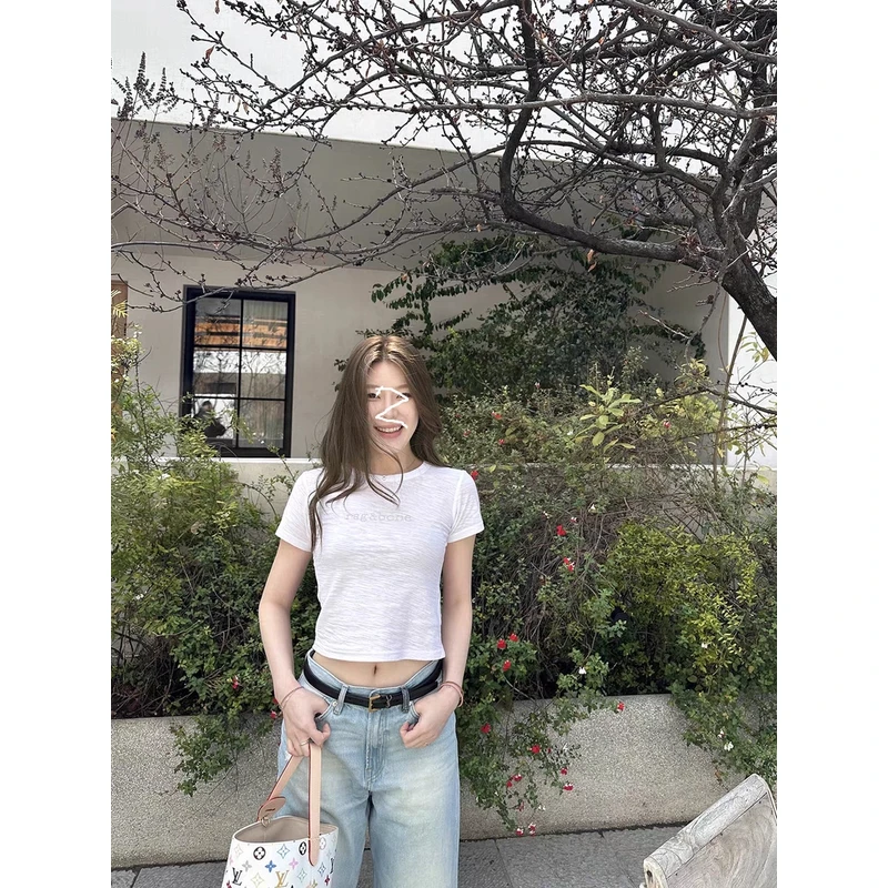 慵懒休闲风时尚百搭女装夏竹节短袖修身烫钻圆领显瘦T恤