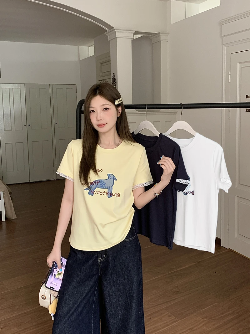 夏装新款胖mm大码女甜美蕾丝边卡通印花弧形短袖T恤35133