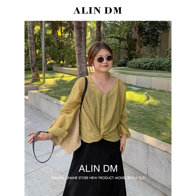 ALINDM【绿野郁金香】大码微胖mm收腰设计感长袖衬衫 AS26377