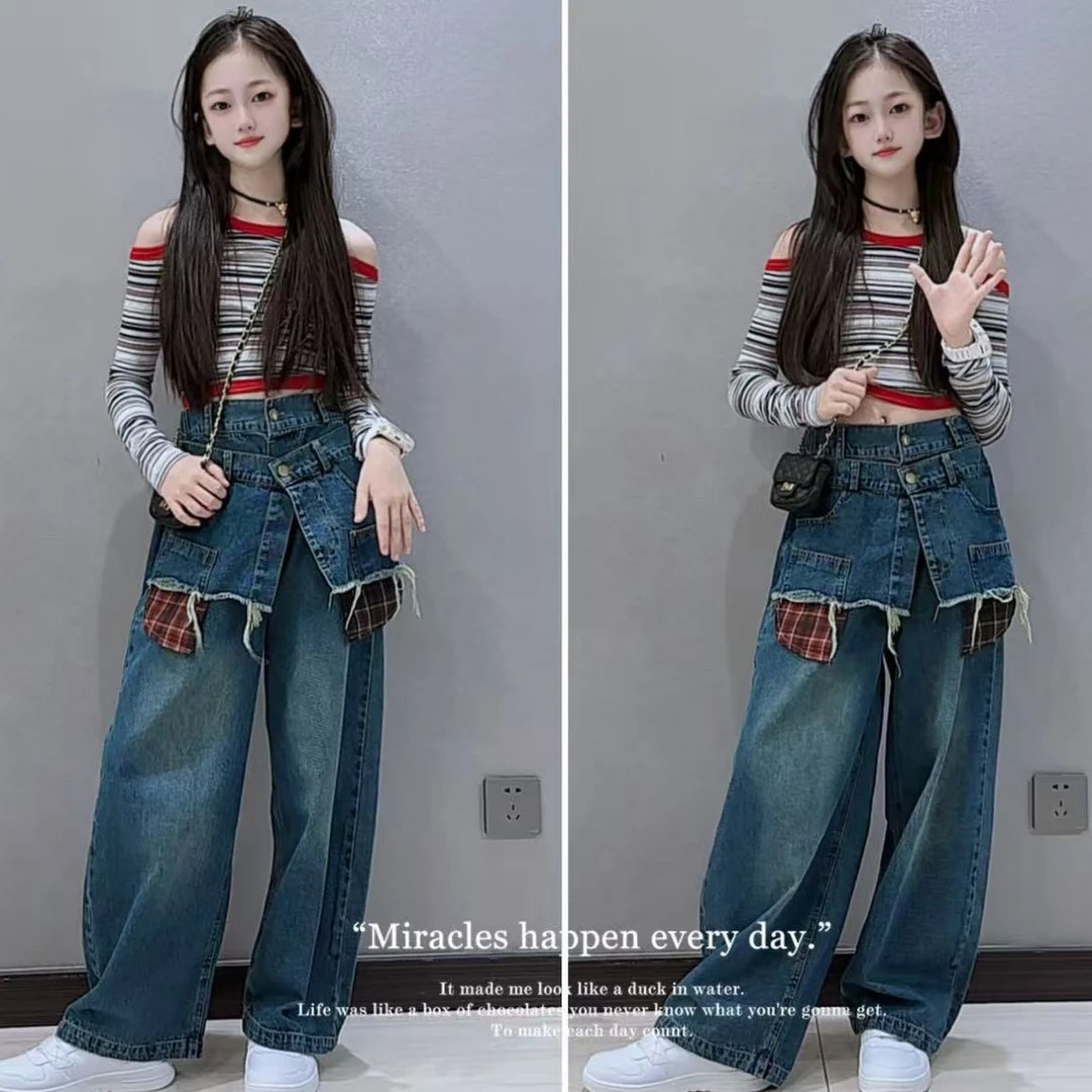 女童秋装套装2025新款中大童时髦牛仔裤春秋季网红露肩上衣两件套