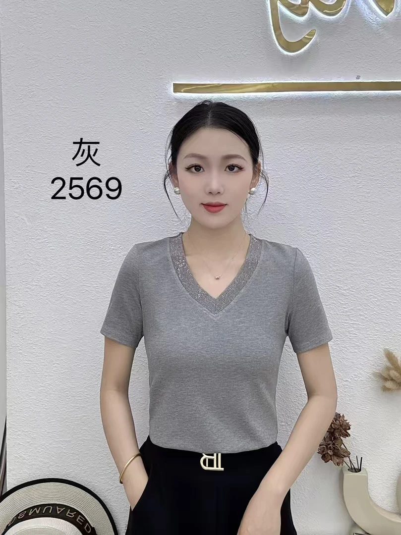 新款烫钻V领打底衫冰凉时尚洋气小衫显瘦修身上衣女#2569