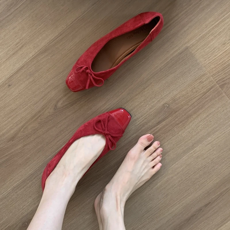 内增高方头法式红色蝴蝶结单鞋女鞋子2025新款春季百搭温柔通勤鞋