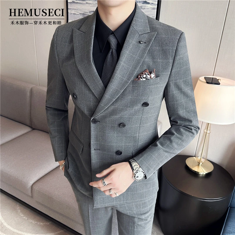 高端西装外套格子男士商务礼服西服套装结婚婚礼英伦潮流休闲修身