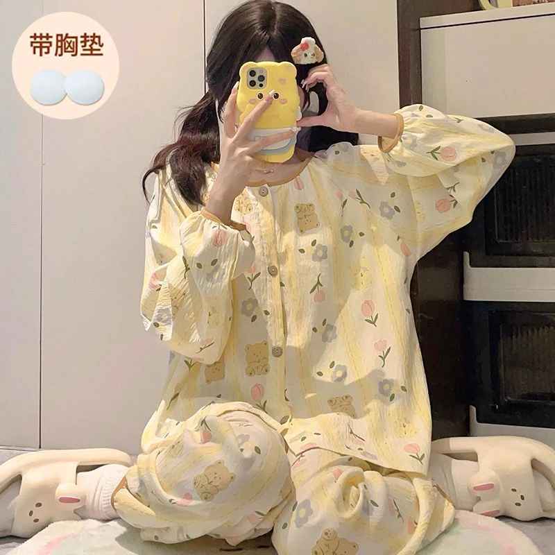 芯语婷春秋季新款带胸垫花朵熊女士云朵泡泡纱睡衣长袖家居服套装
