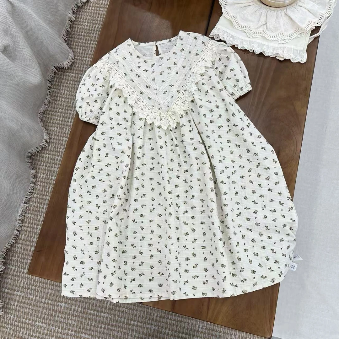 〖姐姐家〗2025夏款儿童萌娃穿搭蕾丝v领碎花连衣裙bt207