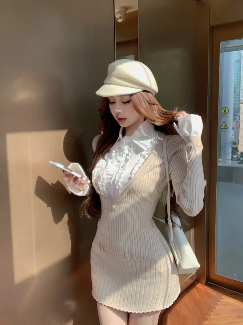 纽约艺高 针织连衣裙内搭裙假两件拼接衬衫领气质收腰显瘦百褶裙