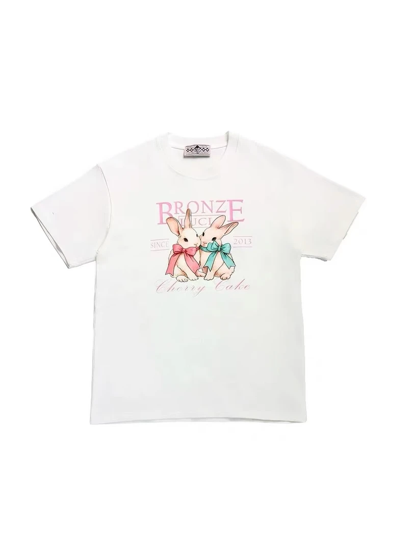 河岸家Bronze Lucia白色彩结萌兔短袖T恤宽松休闲少女气质上衣