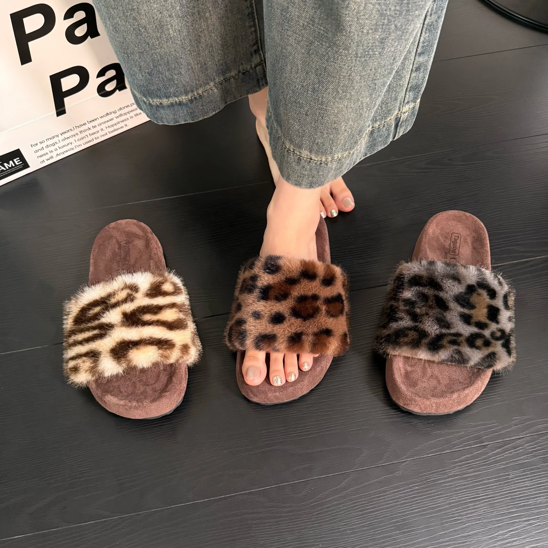 Tagabe网红豹纹毛毛拖鞋女外穿时尚2025秋冬新款厚底舒适一字拖