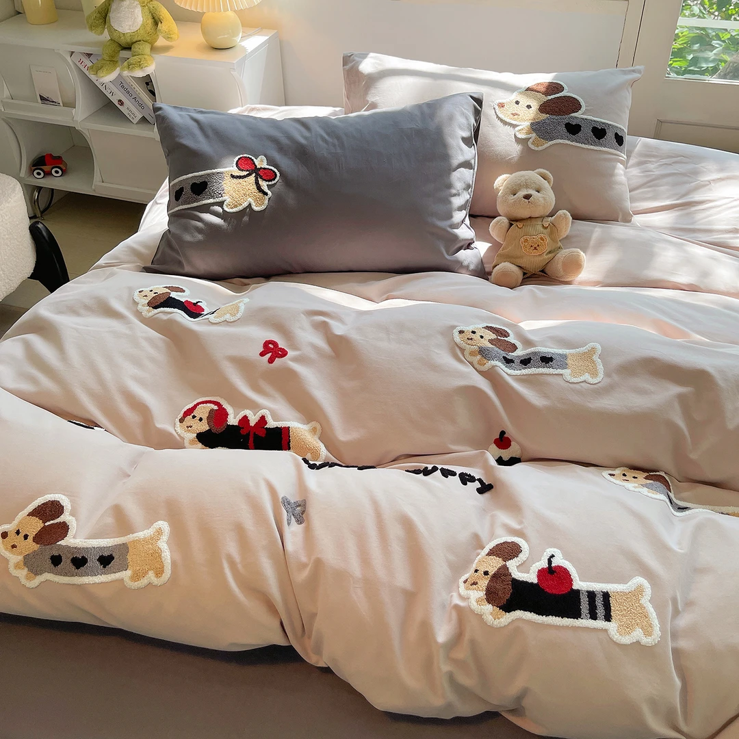 卡通风腊肠小狗伯爵加厚磨毛床上四件套纯棉100%全棉被套床单床笠