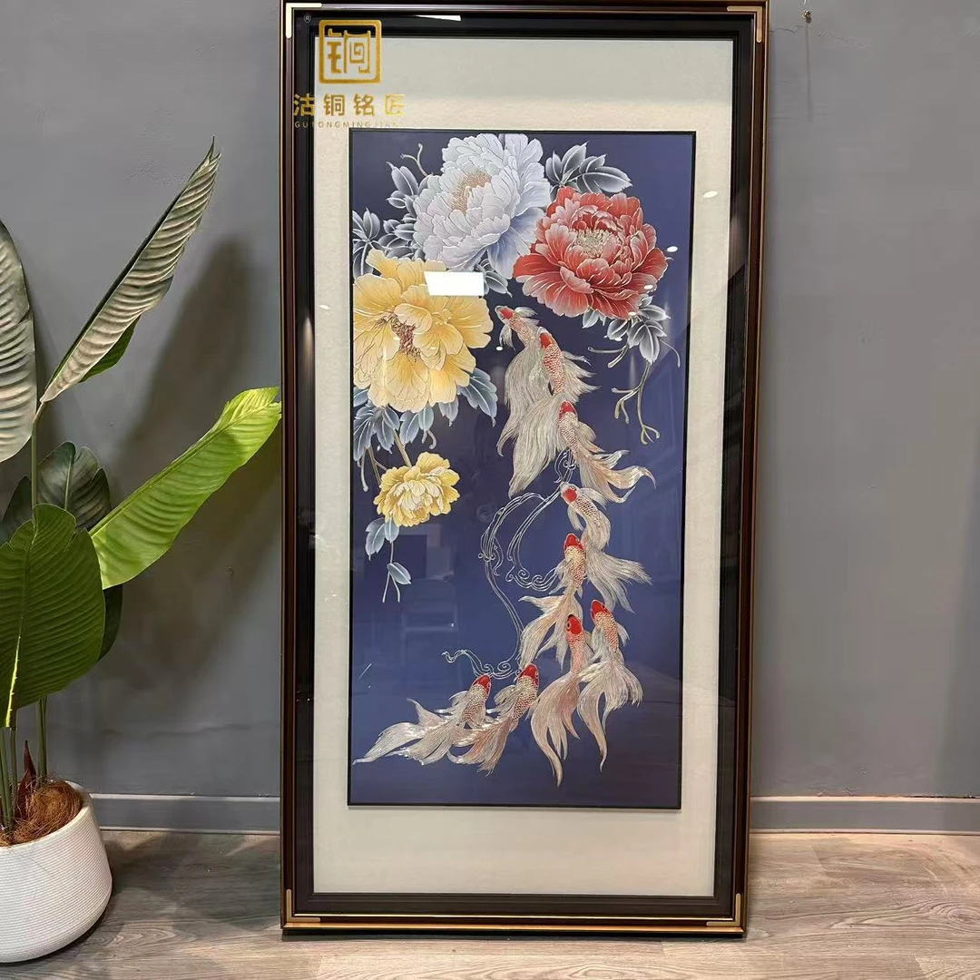 【九鱼牡丹花】铜雕画沙发背景墙挂画入户墙高端壁画走廊装饰画