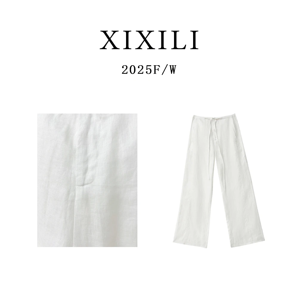 LC044-拉夫风100%亚麻休闲裤长裤阔腿裤白色高腰极简立体阔腿裤