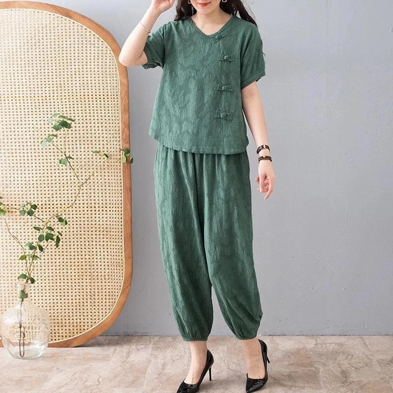 夏季复古时尚提花套装女宽松显瘦休闲短袖上衣灯笼裤两件套