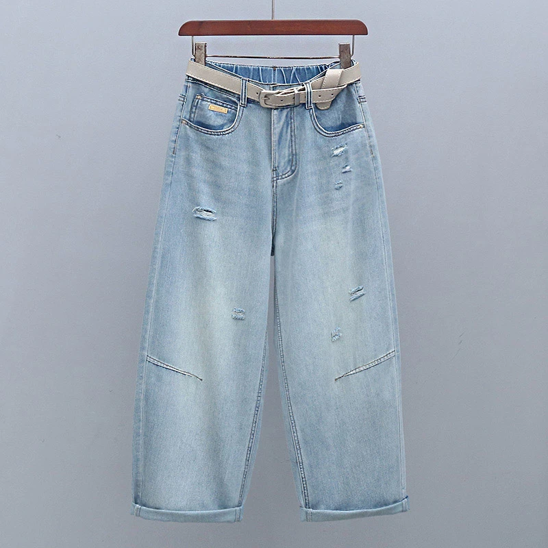 2025年夏季薄款潮流破洞显瘦老爹裤浅色百搭哈伦裤松紧腰女牛仔裤