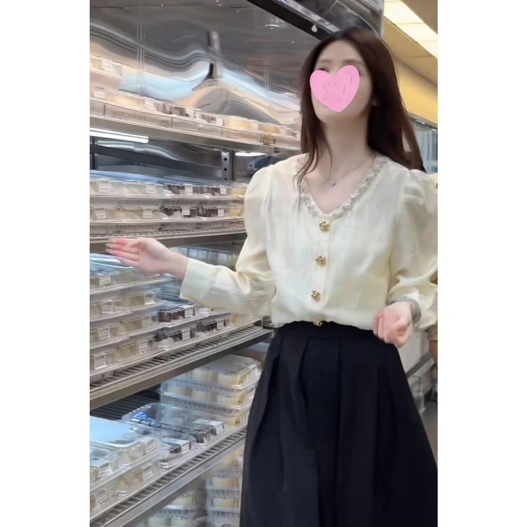 张元一同款女装精致亮钻圆领气质宽松衬衫初秋休闲百搭轻熟风上衣