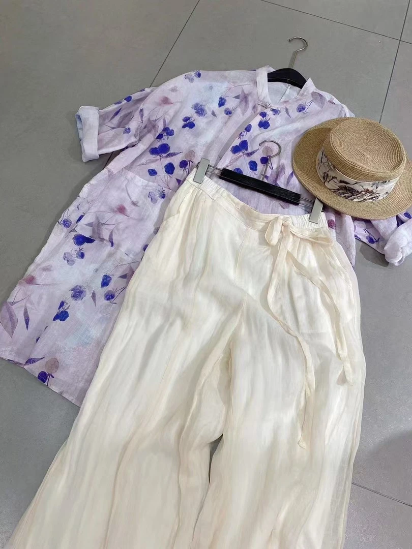 1715百搭休闲裤微弹力中国风口袋夏季松紧长裤休闲民族风双层长裤