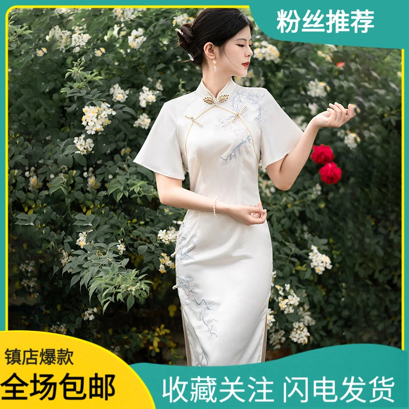 夏日新款旗袍中式蕾丝黑色镶黄色改良款适合小个子白色裙子显瘦新