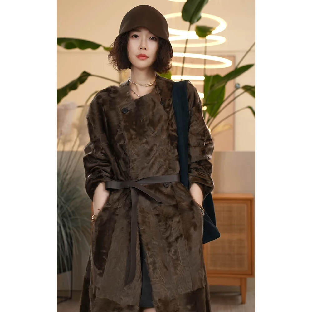 X【叭哒不惑】信件 羊皮毛一体小象羔双排扣宽松长款双面穿外套女