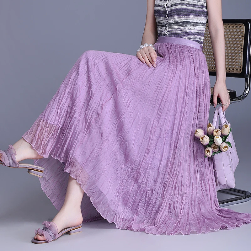 高档百褶半身裙女2025夏季新款松紧高腰垂感显瘦中长褶皱A字裙子