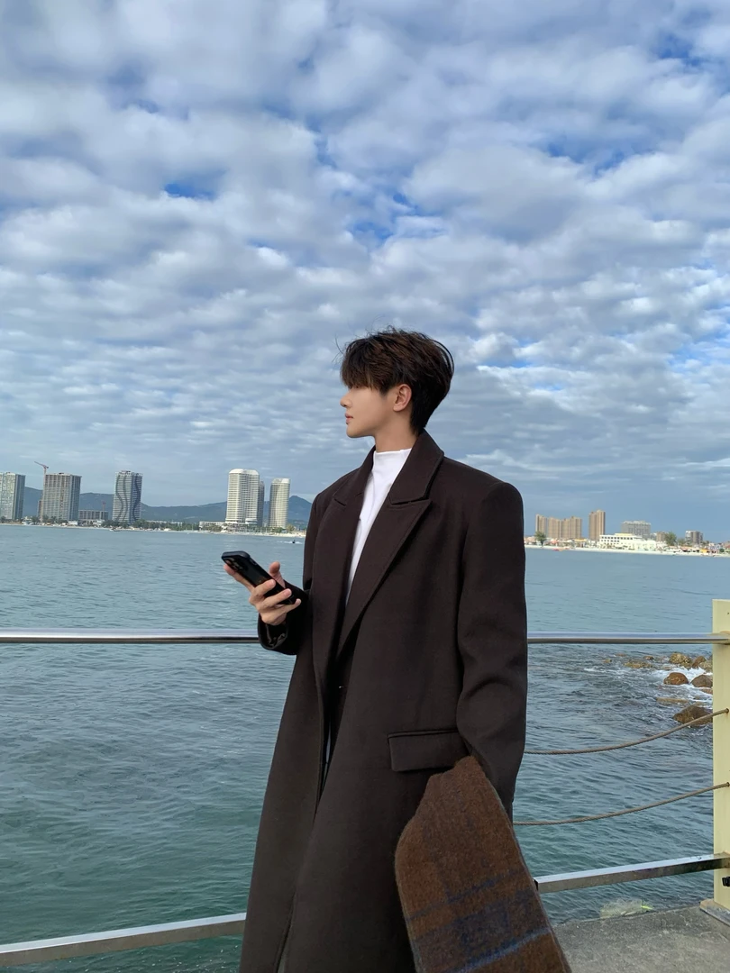 Woosine “海德咖风”新款戗驳领呢大衣中长款冬季外套风衣男冬季