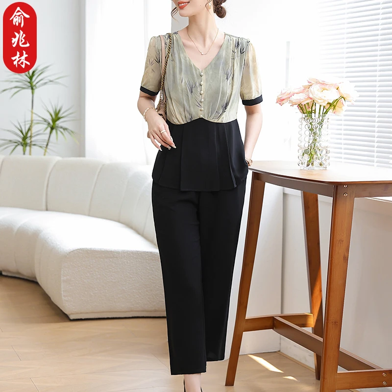 俞兆林妈妈夏装气质套装洋气雪纺衫中老年女装夏季新中式短袖上衣