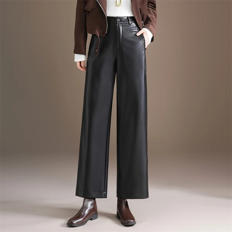 高档时尚休闲裤女2025新款春秋高腰显瘦宽松垂感直筒裤阔腿皮裤潮