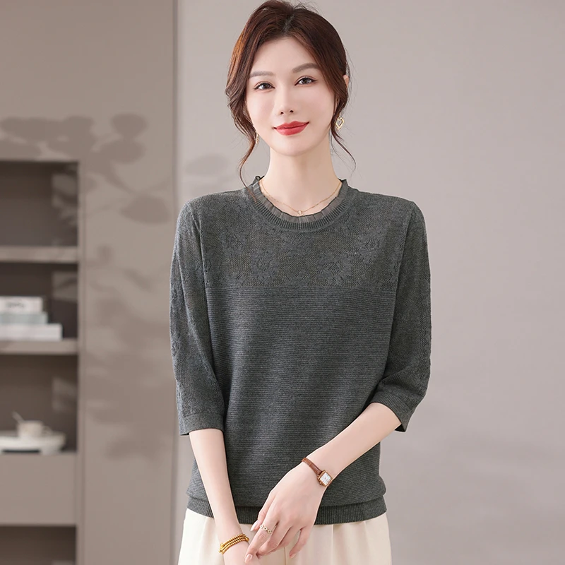 品牌早秋大码中袖上衣女宽松木耳边镂空外穿春秋七分袖薄款针织衫