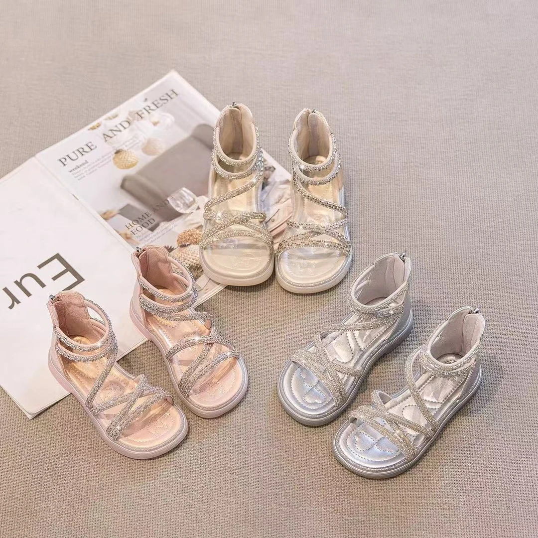 女童凉鞋儿童亮钻洋气公主鞋子2025夏季新款小女孩软底防滑罗马鞋