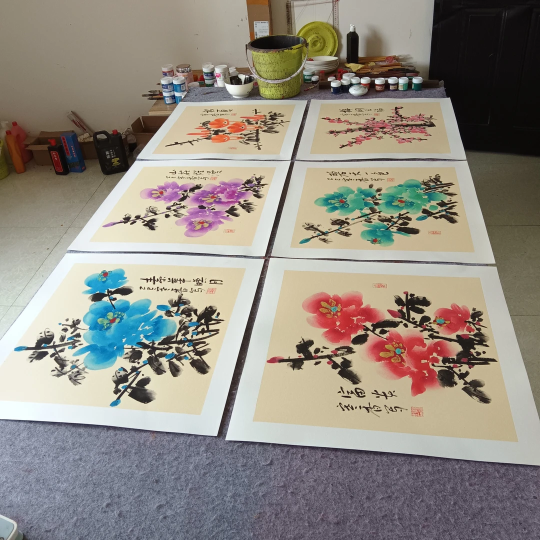 国画斗方客厅餐厅装饰画6张:50cm×50cm